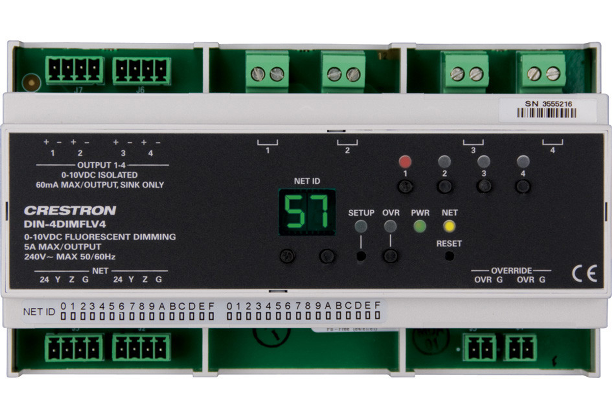 Crestron DIN-4DIMFLV4 - 4 Channel 0-10V Dimmer, 4 Feeds, DIN Rail Mount