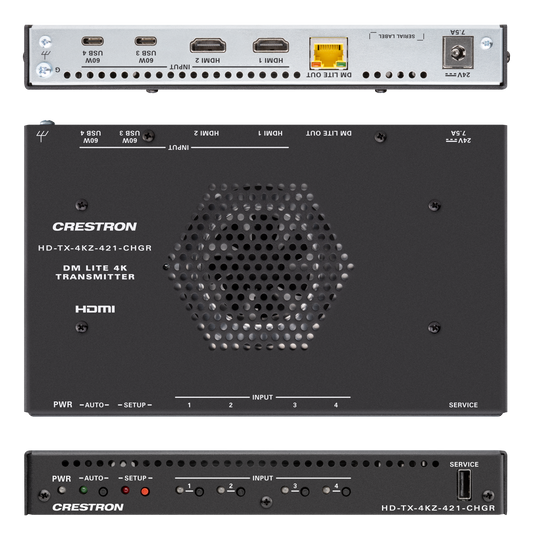Crestron HD-TX-4KZ-421-CHGR - DM® Essentials 4K60 4:4:4 Transmitter and 4x1 Auto-Switcher for HDMI® and USB-C® DisplayPort™ Signal Extension over CATx Cable