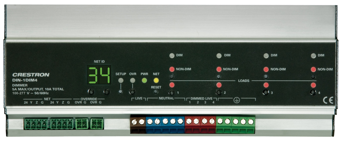Crestron DIN-1DIM4 - 4 Channel Dimmer, 1 Feed, DIN Rail Mount