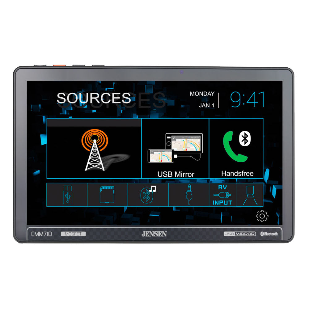 car radio dcpa701 front cmm710 car stereo cmm710 back side of unit cmm710 screen views cmm710 buttons cmm710 accessories cmm710 remote 10.1″ Multimedia Receiver with USB Screen Mirroring – CMM710