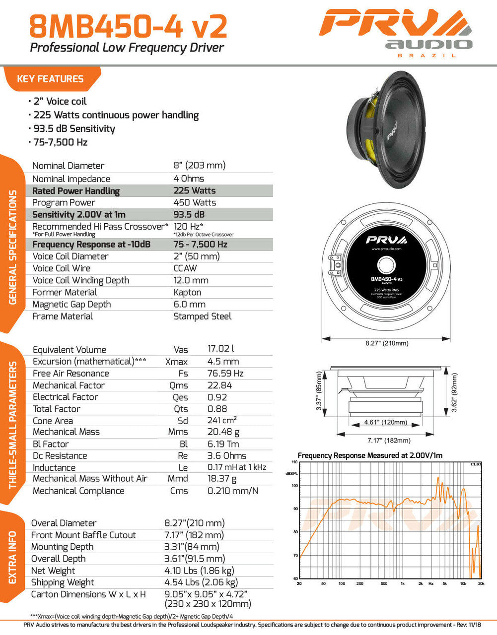 PRV Audio 8MB450-4 v2 8" Pro Midbass 450Watts Woofer 4-Ohm Car Audio Speaker