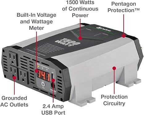 Cobra CPI1590 Portable Power Inverter – 1500 Watt Car Charger, 2 Grounded AC Outlets, 12 Volt 2.4 Amp USB Port, Survival Gear, Camping Accessories, Travel Essentials