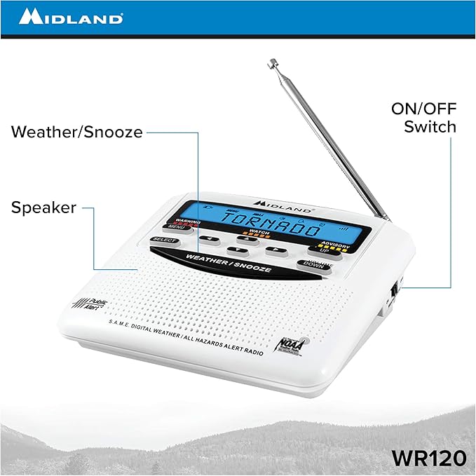 Midland WR-120 NOAA Public Alert-Certified Weather Radio with SAME, Trilingual Display, and Alarm Clock