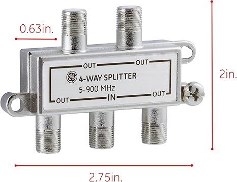 4-Way Coaxial Cable Splitter, 5-900 Mhz Range, RG59 RG6 Coax Compatible, Audio, Video, Works with HD TV, Cable, Amplifiers, Amplified Antennas, Nickel, Corrosion Resistant