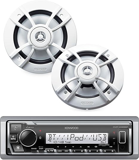 KENWOOD KMR-D382BT Car & Marine Stereo - Single Din, Bluetooth Audio, CD USB MP3, Aux in, AM FM Radio SiriusXM Ready, Weatherproof (Audio Package: Receiver & Speakers)