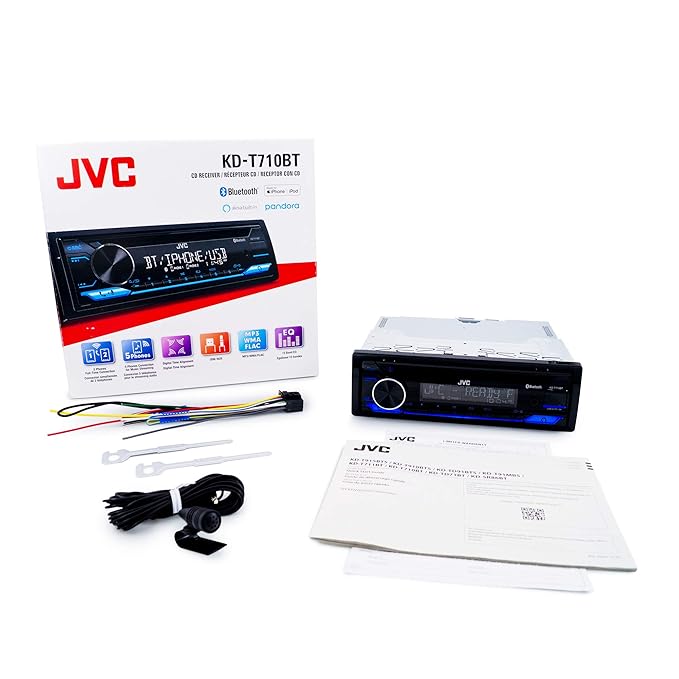 JVC KD-T710BT - CD Car Stereo, Single Din, Bluetooth Audio and Hands Free Calling w/External Microphone, CD, MP3, USB, AUX Input AM/FM Radio, High Power Amp, Amazon Alexa Voice Control