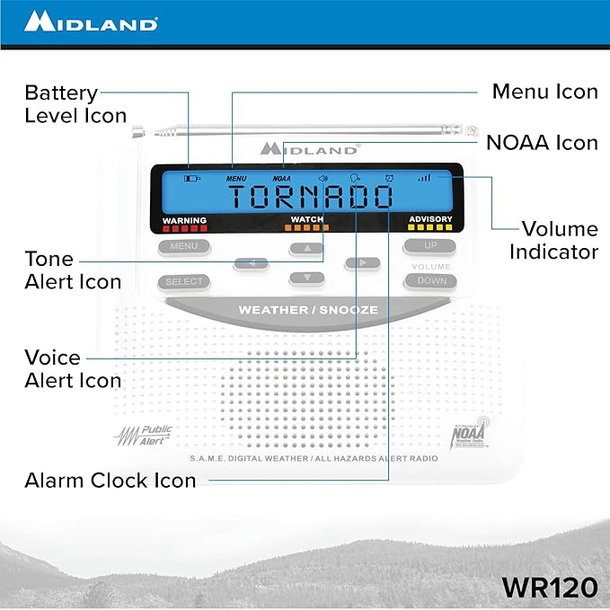 Midland WR-120 NOAA Public Alert-Certified Weather Radio with SAME, Trilingual Display, and Alarm Clock