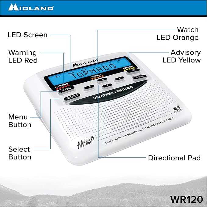 Midland WR-120 NOAA Public Alert-Certified Weather Radio with SAME, Trilingual Display, and Alarm Clock