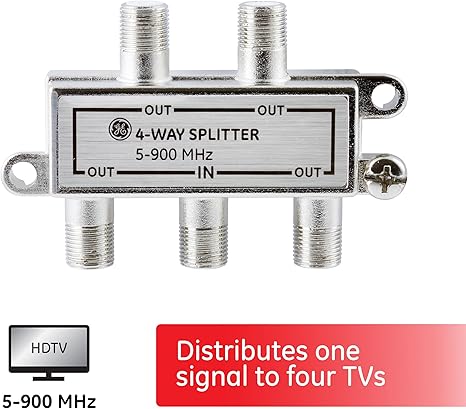 4-Way Coaxial Cable Splitter, 5-900 Mhz Range, RG59 RG6 Coax Compatible, Audio, Video, Works with HD TV, Cable, Amplifiers, Amplified Antennas, Nickel, Corrosion Resistant