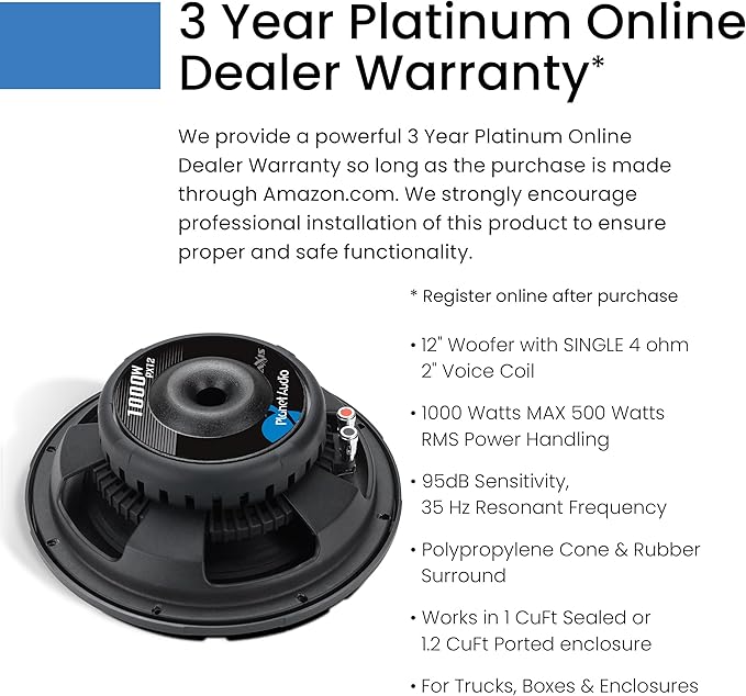 Planet Audio PX12 Axis Series 12 Inch Car Audio Subwoofer - 1000 Watts Max, Dual 4 Ohm Voice Coil, Sold Individually, For Truck Boxes and Enclosures