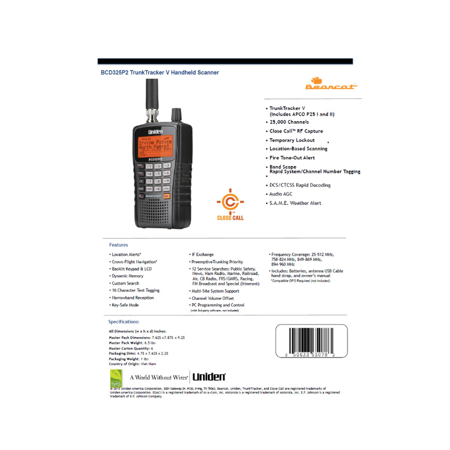 Uniden BCD325P2 Phase II Handheld Digital Police Scanner