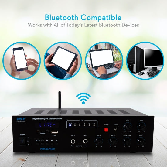 Bluetooth Public Address Amplifier - Compact PA Speaker & Microphone Receiver System with 70V/100V Output, MP3/USB/SD Readers, FM Radio (500 Watt)