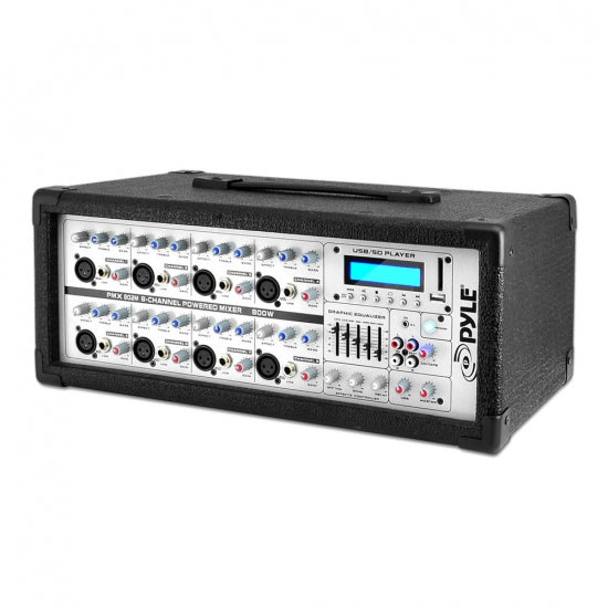 8-Channel Powered Mixer - Pro Audio Stage & Studio Sound Mixer, MP3/USB/SD Readers, AUX (3.5mm) Input, Digital LCD Display (800 Watt)