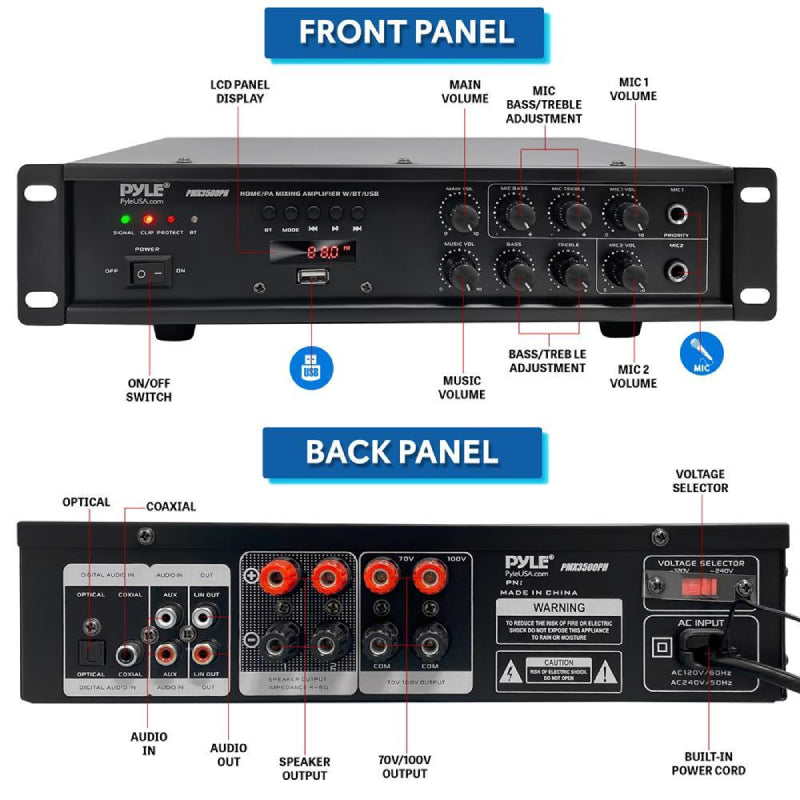 Bluetooth Home/PA Mixing Amplifier - Built-in USB Playback,Micro SD Card Reader,with BT/FM/Optical/Coaxial/Mic Inputs & Digital LED Display, 500 Watts