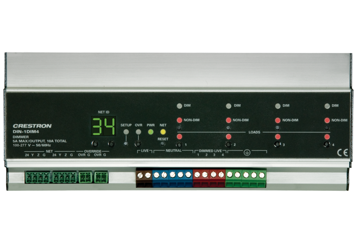 Crestron DIN-1DIM4 - 4 Channel Dimmer, 1 Feed, DIN Rail Mount
