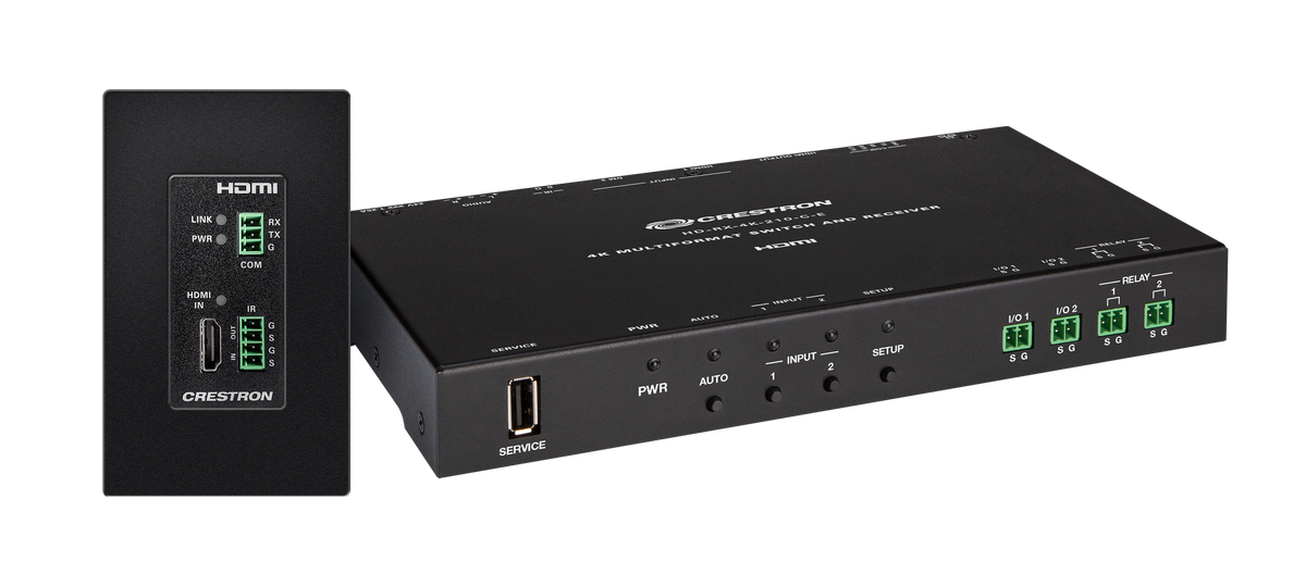 Crestron DM-EXT-1021-1G-B KIT - 4K 2x1 DM® Essentials Scaling Auto-Switcher and Wall Plate Extender over CATx Cable, Black