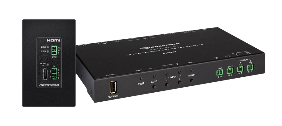 Crestron DM-EXT-1021-1G-B KIT - 4K 2x1 DM® Essentials Scaling Auto-Switcher and Wall Plate Extender over CATx Cable, Black