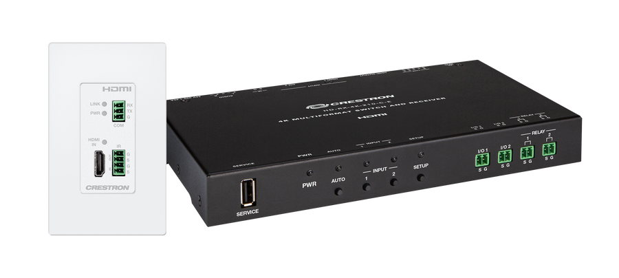 Crestron DM-EXT-1021-1G-W KIT - 4K 2x1 DM® Essentials Scaling Auto-Switcher and Wall Plate Extender over CATx Cable, White