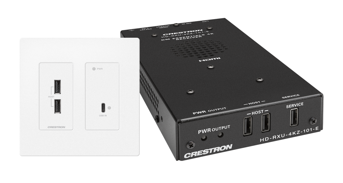 Crestron DM-EXT-2011-2G-W KIT - 4K60 4:4:4 DM® Essentials Transmitter Receiver Pair for USB‑C® DisplayPort™, and USB 2.0 Signal Extension over CATx Cable, Wall Plate, White