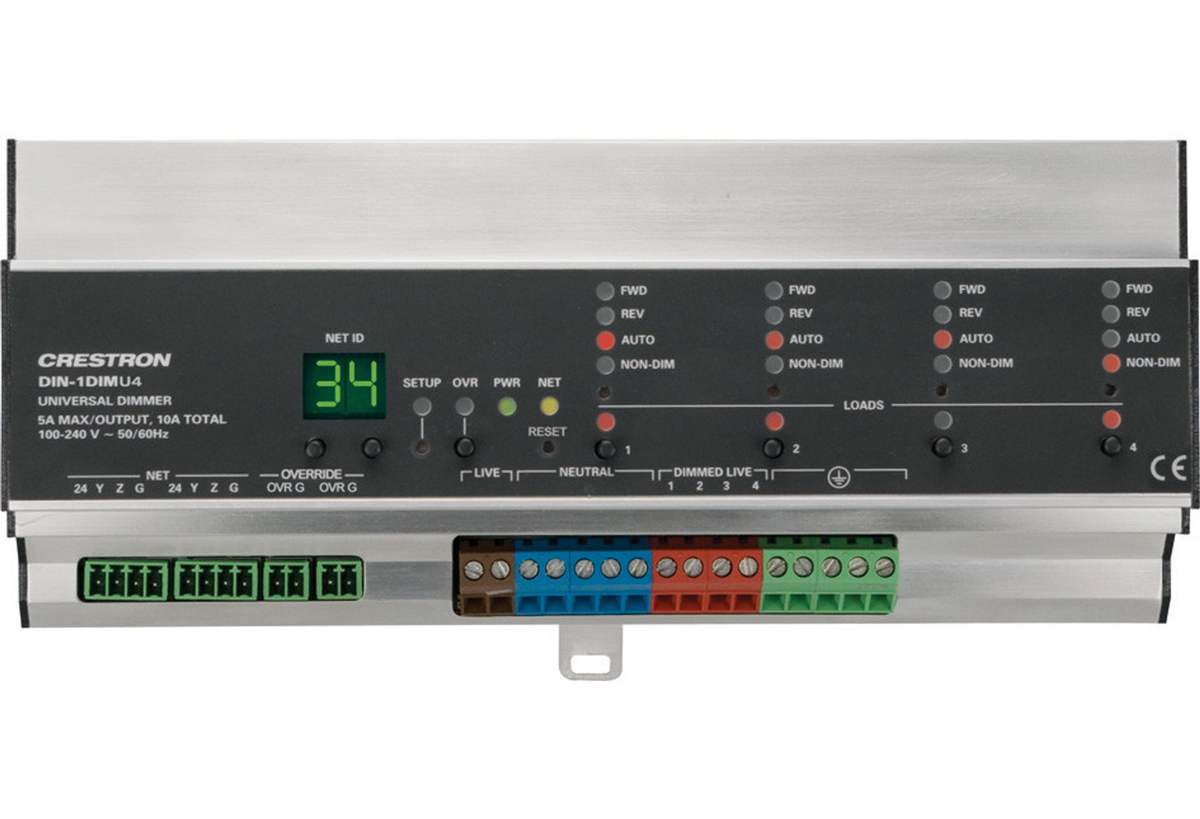 Crestron DIN-1DIMU4 - 4 Channel Universal Dimmer, 1 Feed, DIN Rail Mount