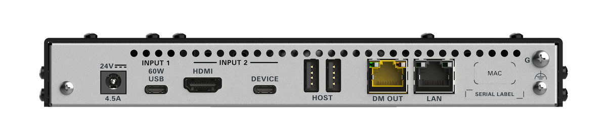 Crestron HD-TXU-4KZ-211-CHGR - DM® Essentials 4K60 4:4:4 Transmitter and 2x1 Auto-Switcher for HDMI®, USB-C® DisplayPort™, and USB 2.0 Signal Extension over CATx Cable with Device Charging