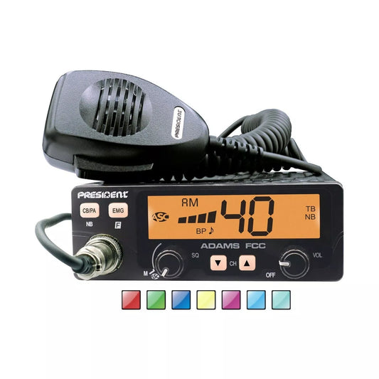 President Adams FCC Compact 12V 40-Channel AM CB Radio w/ 7 Color LCD Display